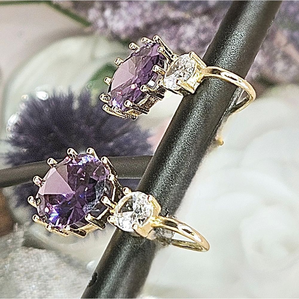 Oval Amethyst (Purple) Earrings 14K Bright Yellow Gold on 925 Silver - Picture 5 of 10